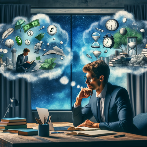 An applicant seated at a desk in deep thought, surrounded by thought bubbles containing dollar signs, idyllic scenes, clocks, and studying imagery, symbolizing the contemplation of ROI for pursuing a PhD program