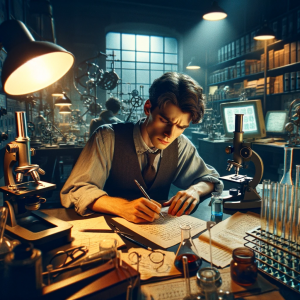 Scientist in a dimly lit lab, surrounded by scientific instruments, deeply focused and slightly frustrated while writing on a piece of paper, with notes and open books around, symbolizing the challenges of research and discovery.