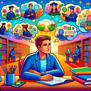 Colorful cartoon of a hopeful graduate school applicant at a desk, surrounded by thought bubbles depicting their journey, meeting with professors, library research, future career aspirations, considerations of finances, and overall happiness.