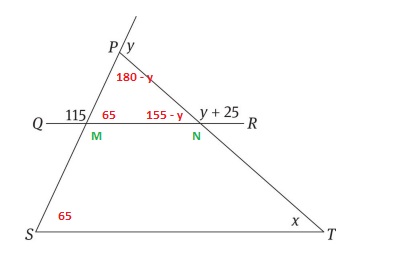 #GREpracticequestion In the figure above, QR is parallel to ST. What is the measure of angle x .jpg