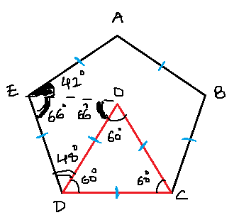 ABCDE is a regular pentagon with a point O inside.png