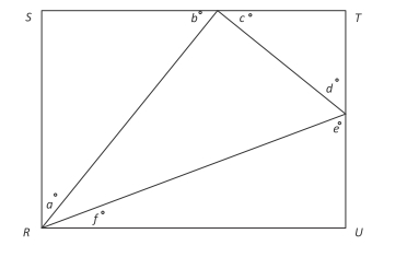 #GREpracticequestion In the figure above, if RSTU is a rectangle, what is the value of a + b + c + d + e + f.jpg
