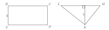 #GREpracticequestion The area of triangle KLM is equal to the area of rectangle ABCD. If the perimeter of ABCD is 16, what is the length of LM.jpg